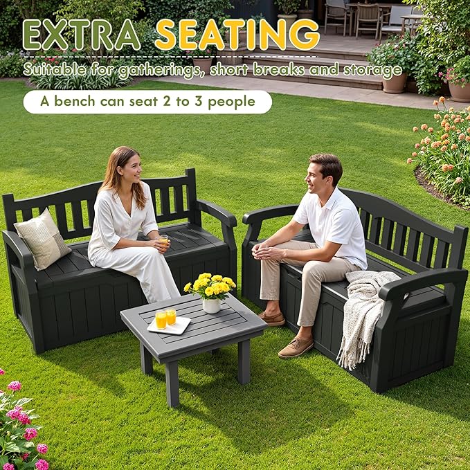 Greesum 80 Gallon Deck Box Storage Bench, Patio Furniture, Lockable, Waterproof and UV Resistant,with Armrest, Suitable for Garden, Porch, Poolside, Dark Black