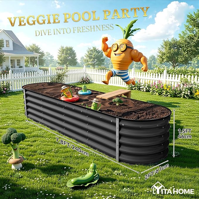 YITAHOME 17" Tall 9 in 1 Large Raised Garden Bed Kit, 8x2x1.4ft Galvanized Metal Planter Box with Gloves & Safety, Outdoor Above Ground Planters for Plants Vegetables Flowers, Black