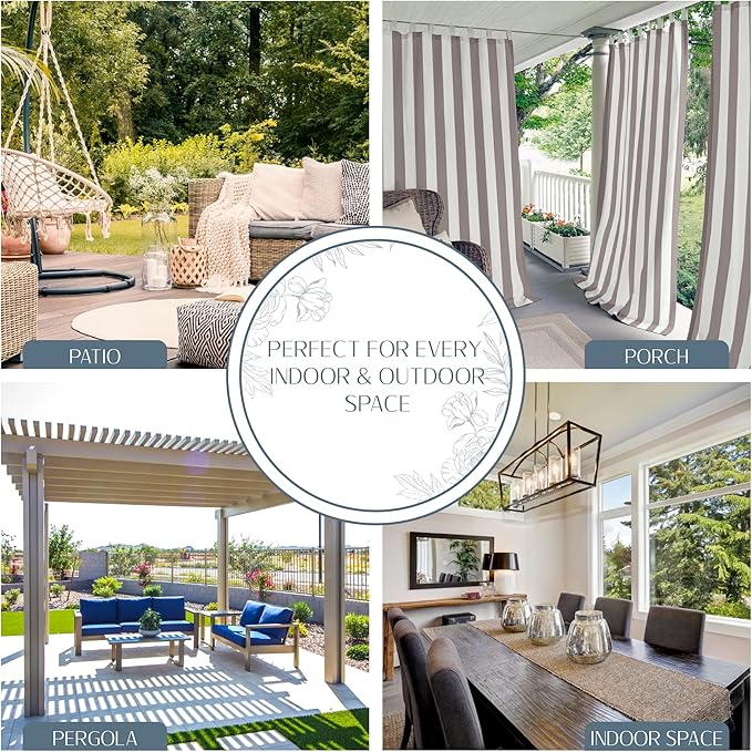 Elrene Home Fashions Highland Stripe Indoor/Outdoor Curtain Panel, 50 inches X 108 inches, Gray