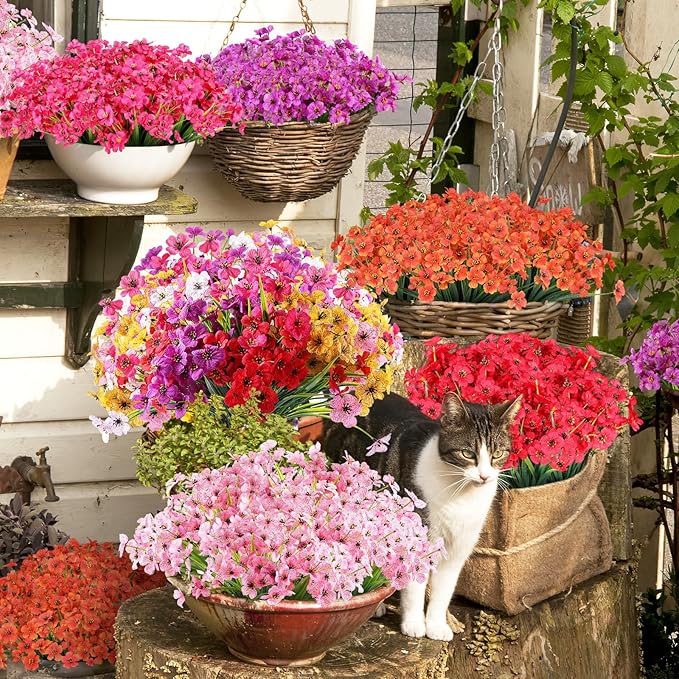 AGIRL 24 Bundles Artificial Fall Flowers Outdoor Indoor Decoration,Fake Plastic Flowers,Faux Mums Plant for Thanksgiving Fall Decor,for Hanging Outside Garden Front Door Porch Patio Window Box