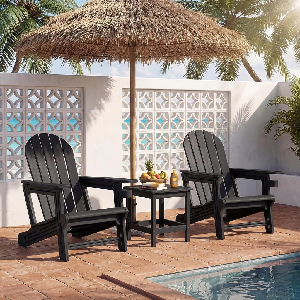SUNBURY Outdoor Adirondack Chair, Set of 1 HDPE Chair w Cup Holder | 0 Screws Wood Textur Garden DIY Chair Weather Resistant, Fire Pit Chair, Plastic Patio Chair for Deck,Backyard,Garden, Black