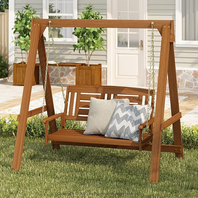 Furinno TIOMAN Porch Swing, Outdoor Hanging Wooden Swing with Stand in Teak Oil, Light Wood