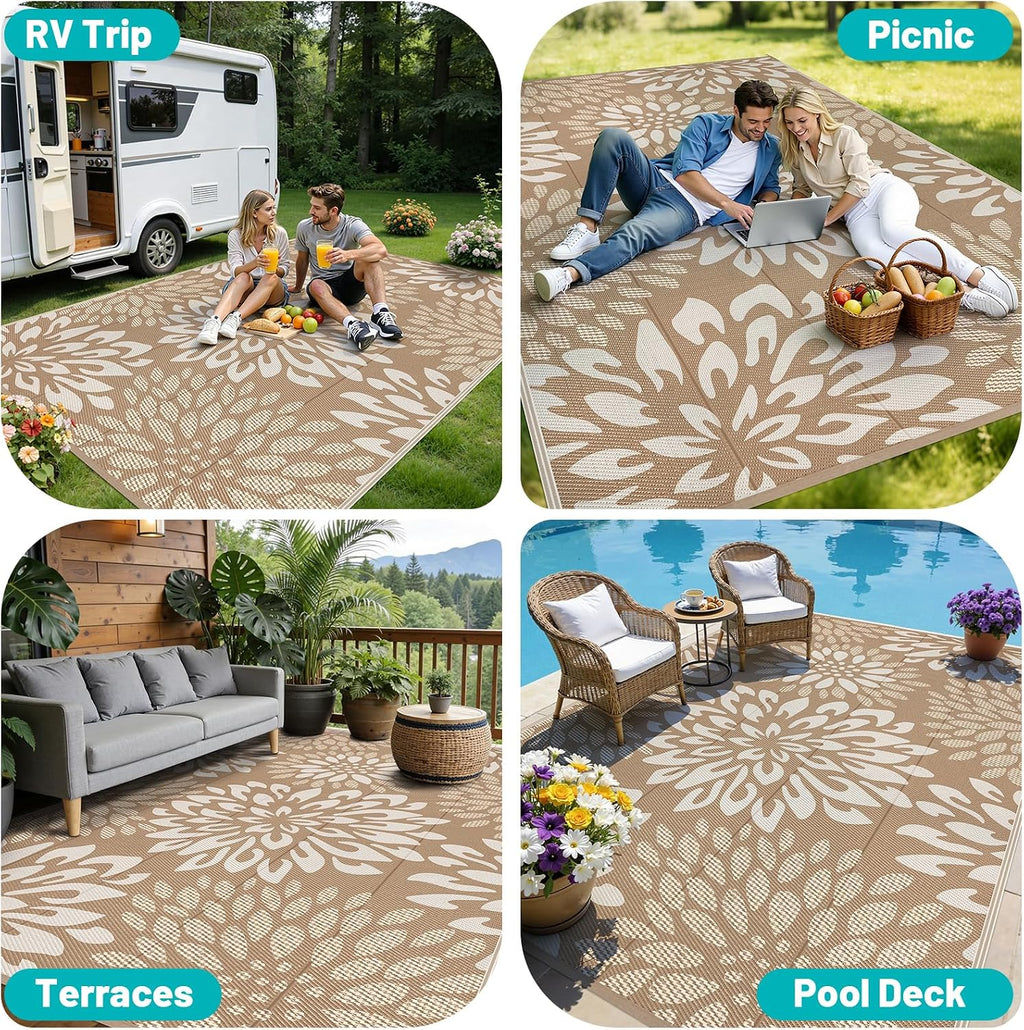 hebe waterproof outdoor rug 9'x12', floral reversible plastic on a desk or shelf