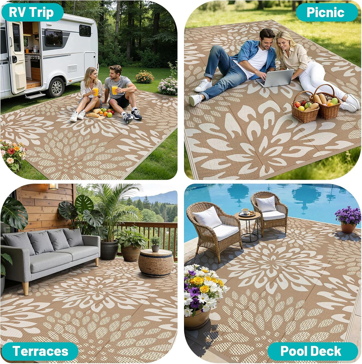 hebe waterproof outdoor rug 9'x12', floral reversible plastic on a desk or shelf
