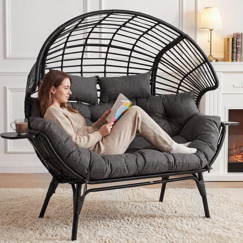 Double Egg Chair Outdoor Indoor 2 Person Wicker Egg Lounge Chair with Foldable Cup Holder Cushion Rain Cover Patio Oversized Loveseat for Balcony Porch Backyard