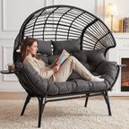 Double Egg Chair Outdoor Indoor 2 Person Wicker Egg Lounge Chair with Foldable Cup Holder Cushion Rain Cover Patio Oversized Loveseat for Balcony Porch Backyard