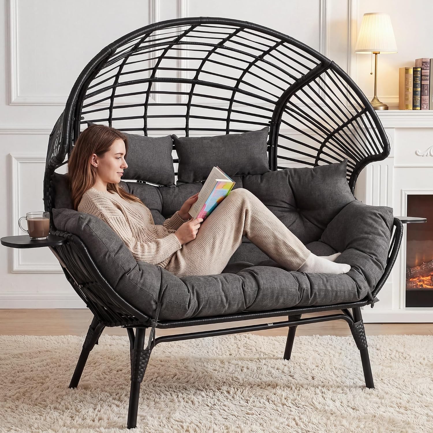 Double Egg Chair Outdoor Indoor 2 Person Wicker Egg Lounge Chair with Foldable Cup Holder Cushion Rain Cover Patio Oversized Loveseat for Balcony Porch Backyard