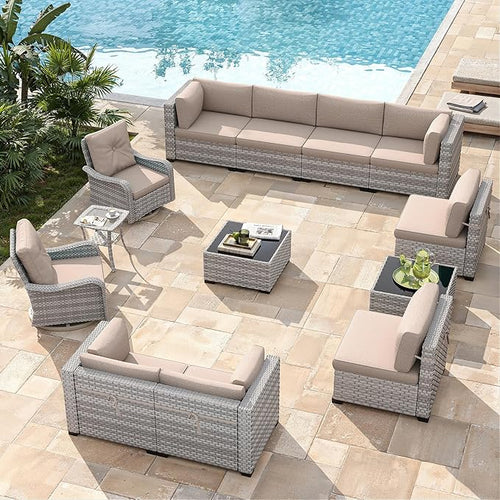 10-Seat Modern Patio Furniture Set with Swivel Rocking Chairs, Thick 4″ Cushions, Dual-Strand Wicker Rattan, Rust-Resistant Steel Frame – Outdoor Conversation & Modular Sectional,Beige
