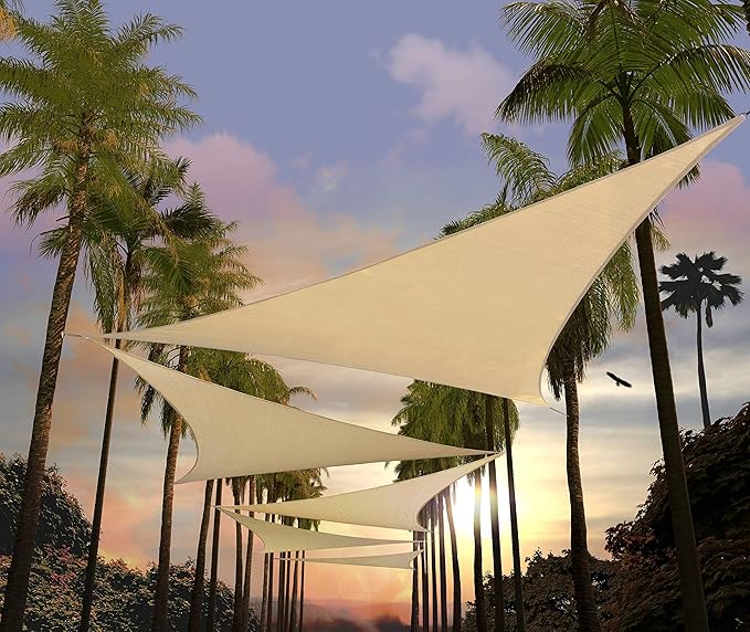 Amgo 10' x 10' x 10' Beige Triangle Sun Shade Sail UPF50+ Canopy Awning AGSLT, 95% UV Blockage, Water & Air Permeable, 200GSM Heavy Duty Commercial and Residential (We Make Custom Sizes)