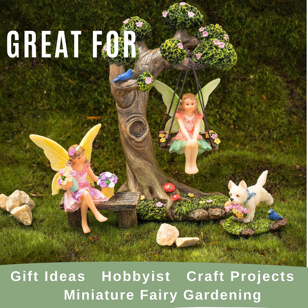 Fairies for Fairy Garden - 4 Piece Set with Tree Swing | Hand-painted resin; includes a puppy; indoor and outdoor use; miniature village ornaments and decor