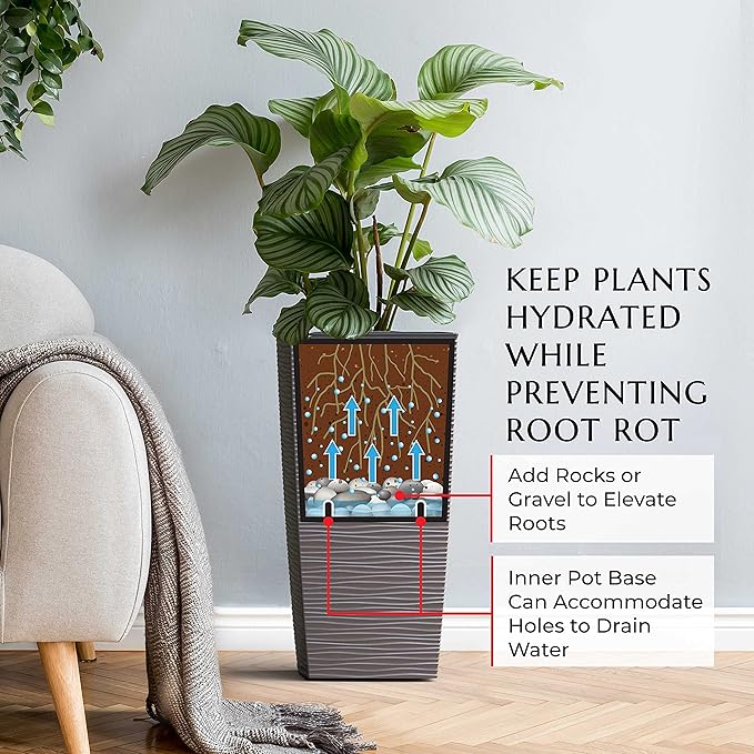 Mueller Janska M-Resin Heavy Duty Tall Planter, Indoor/Outdoor Grande Plant, Tree, Flower Pot, 2-Piece Set, 27.5”, Modern Design, Built-in Drainage, Mocha
