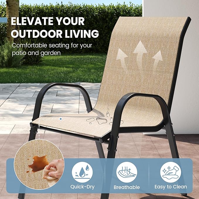 Patio Dining Chairs Set of 4, Outdoor High Stacking Chairs for All Weather, Breathable Seat Fabric and Alloy Steel Frame for Backyard, Porch, Garden (Brown)