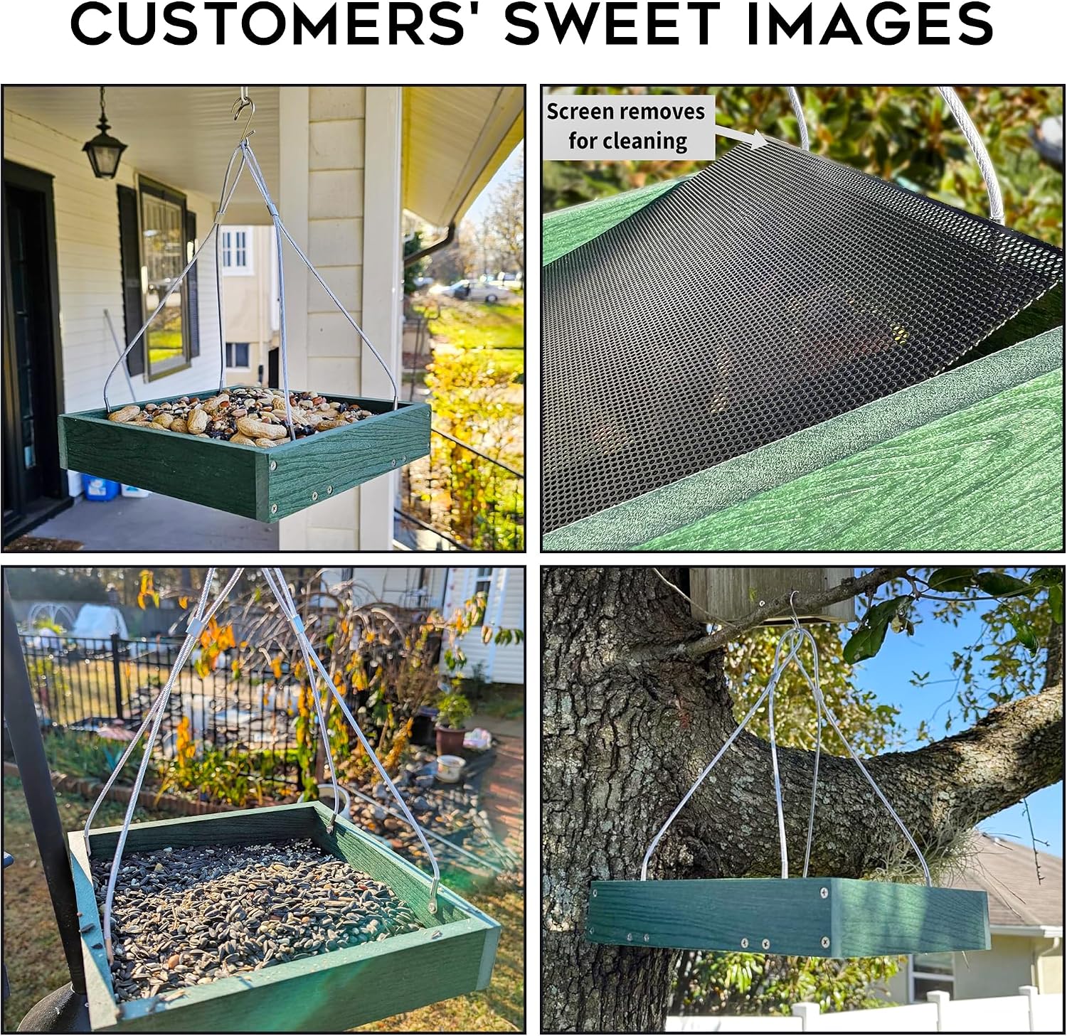 Gtongoko WPC Composite Platform Bird Feeder Hanging, Large 3.5 lbs Capacity, Durable, Seed Tray Bird Feeder for Outdoors with Metal Mesh Bottom Weather-Resistant for Garden Yard, Green