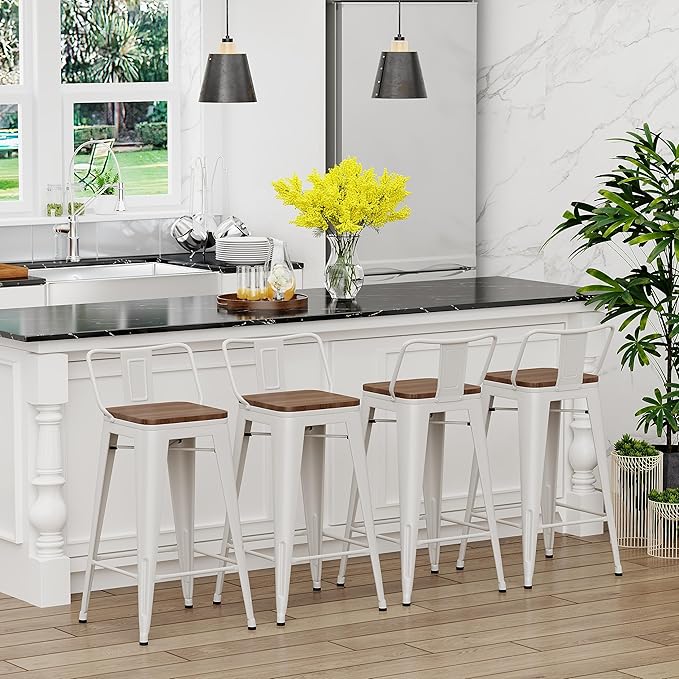 Yongchuang 26 inch Metal Bar Stools Set of 4 Counter Height Barstools Farmhouse Kitchen Bar Chairs with Wood Seat Low Back Cream White