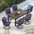 Grand patio 7-Piece Outdoor Dining Set, 6 Leather-Look Wicker Swivel Blue Patio Chairs & 1 Rectangular Faux Woodgrain Dining Table, Dark Brown