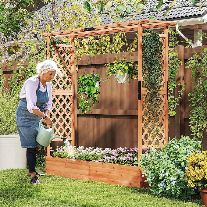 Giantex Set of 2 Raised Garden Bed with Trellis & Hanging Roof, Wood Planter Box with Bottom and Drainage Holes, Freestanding Garden Planter for Flower Vegetable Fruit Herb Climbing Vines, 77"x17"x72"