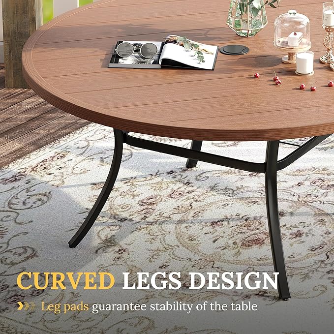VICLLAX 50" Outdoor Round Patio Table with Umbrella Hole, All Weather Metal Round Outdoor Dining Table for Lawn Garden, 6-8 Person Table, Walnut Wood Grain