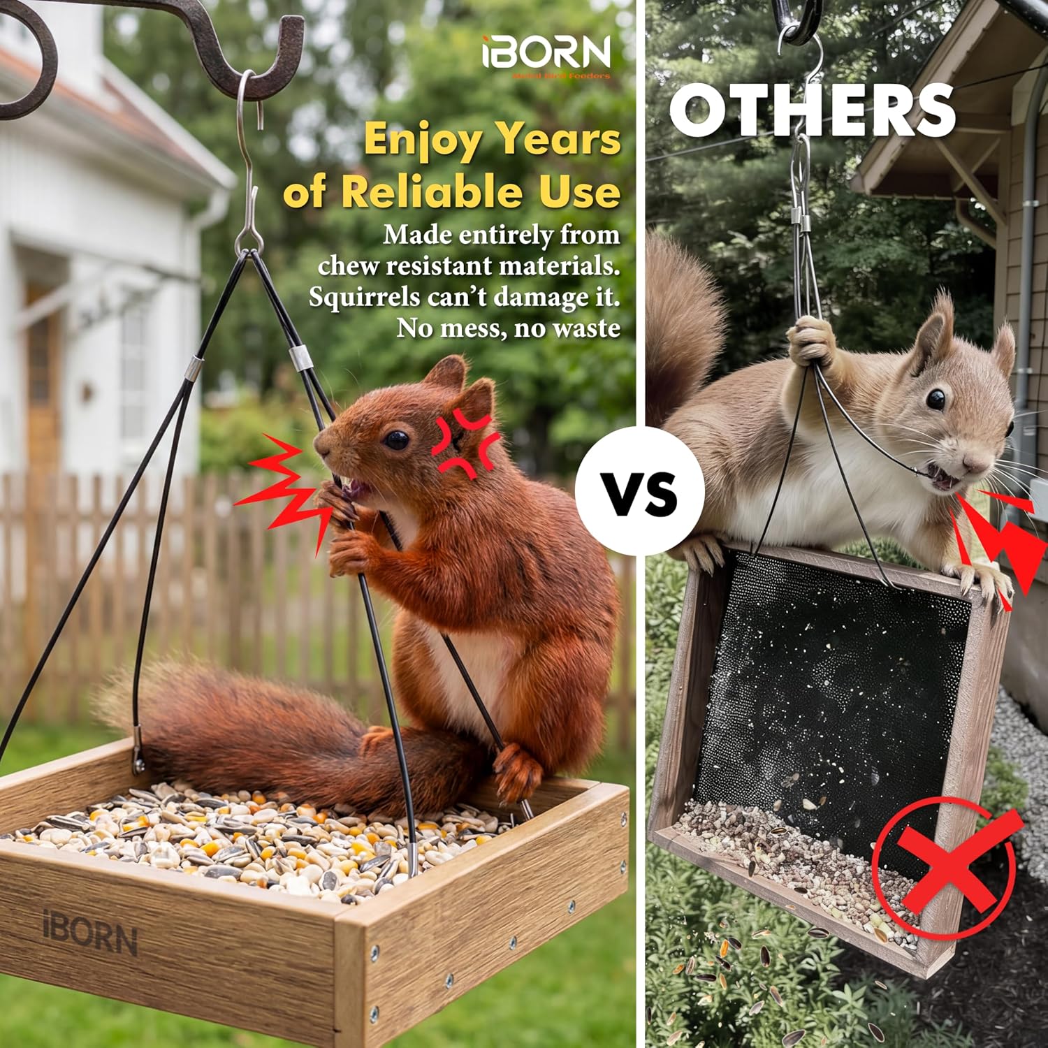 iBorn Platform Bird Feeder Tray Bird Feeders for Outdoors Hanging for Outside Flat Birdfeeder Tray with Large Capacity 3LBS, WPC Recycled Plastic & Cedar Look, Waterproof, 10.6"x10.6", Raw