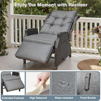 Outdoor Indoor Wicker Recliner with Adjustable Back and Footrest, Patio Reclining Chair with Flip-up Table, Outdoor Rattan Lounge Chair, Grey