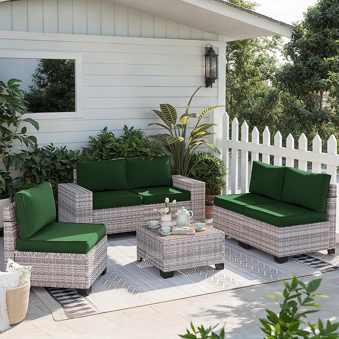 12-Piece Outdoor Patio Furniture Set Wicker Sectional Sofa Set, Patio Conversation Set with Thickened Cushions & Coffee Table for Garden, Backyard, Poolside, Green