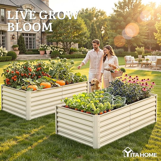 YITAHOME 6x3x2ft Large Raised Garden Bed Kit, Galvanized Metal Planter Box with Gloves, Support Rod, Outdoor Above Ground Planters for Plants Vegetables Flowers, Cream Yellow