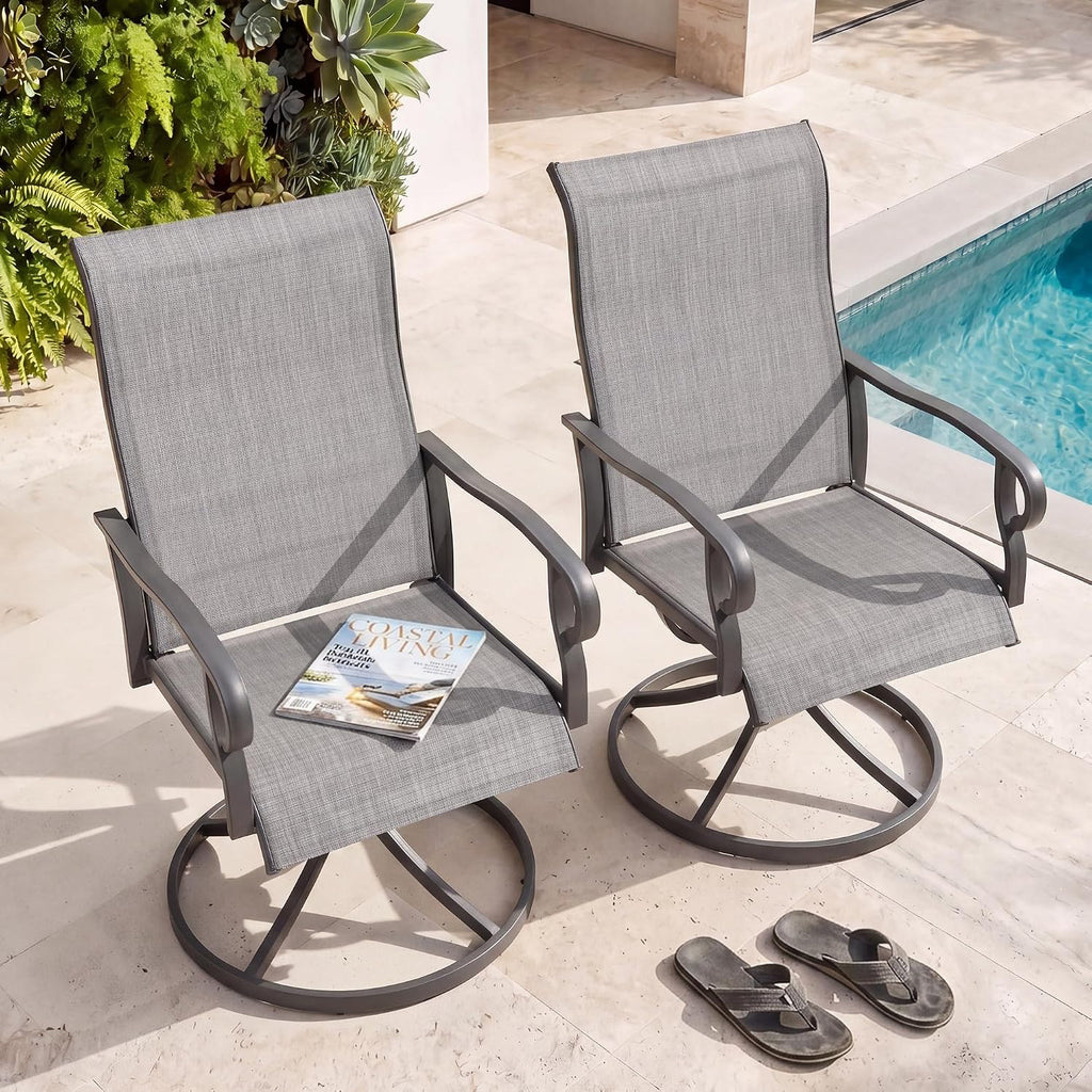 NUU GARDEN 2-Piece Patio Swivel Chairs, Swivel Dining Set, Light Gray | All-weather light gray textilene chairs for 2 Features 360-degree rotation and 15-degree rocking. High backrest for comfort