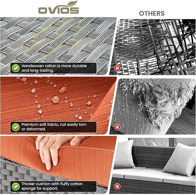 ovios 6 Pieces Patio Furniture Set, Outdoor Wicker Sectional Sofa with Glass Table Comfy Cushions, Modern Modular Deep Seat Couch Rattan Conversation Set, Orange Red
