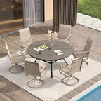 VICLLAX Round Patio Table with Adjustable Umbrella Hole for 6, All Weather Metal Outdoor Dining Table for Lawn Garden, 50" Outdoor Coffee Table, Grey Wood-Like Tabletop