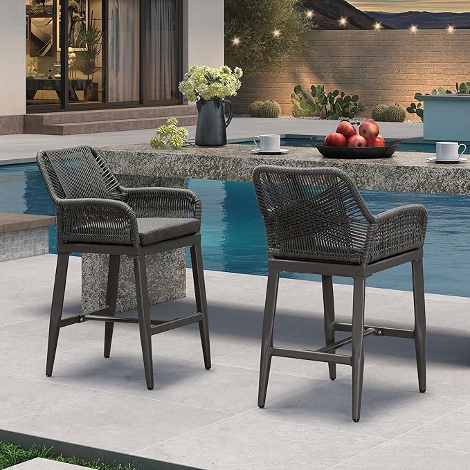 PURPLE LEAF Outdoor 24" Counter Height Bar Stools Chair Set of 2, All Weather Rattan and Aluminum Patio Bar Stool with Cushion for Indoor and Outdoor, Kitchen Island, Grey