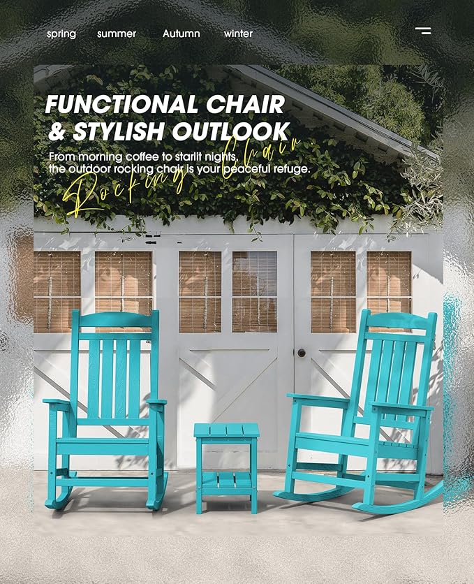KINGYES Outdoor Rocking Chair Set of 2, High Density Polyethylene Patio Rocking Chairs with 330lbs Support for Adults, Aruba Blue
