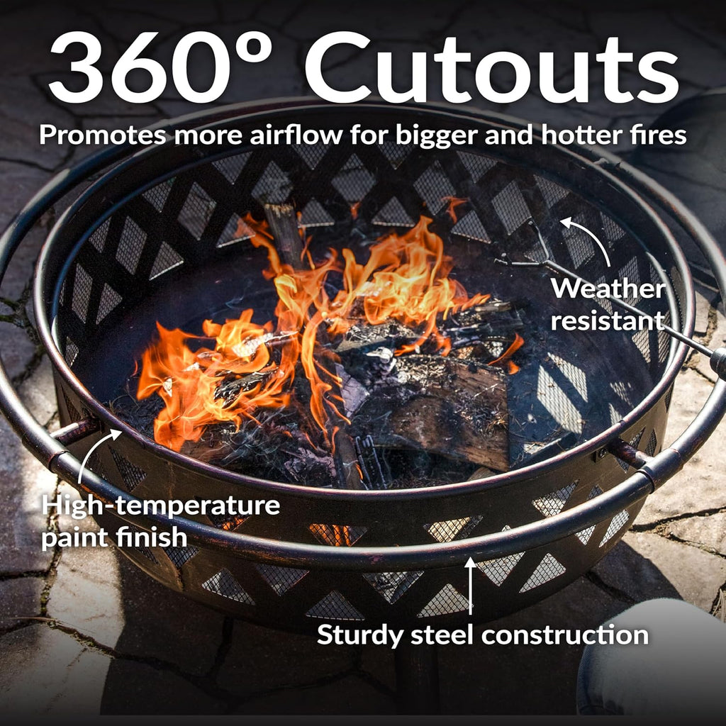 sunnydaze crossweave 36" large outdoor fire pit, wood, side view