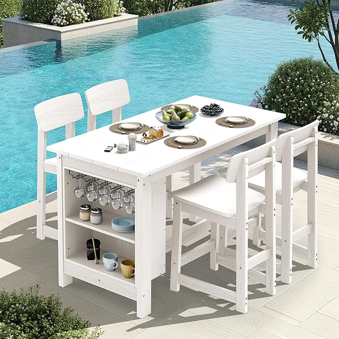 SERWALL Outdoor Bar Table and Chairs Set, 5-Piece HDPE Counter Height Patio Dining Sets with Storage and Wine Rack, Rectangular High Top Bar Table with 4 Bar Stools for Garden, Backyard, White