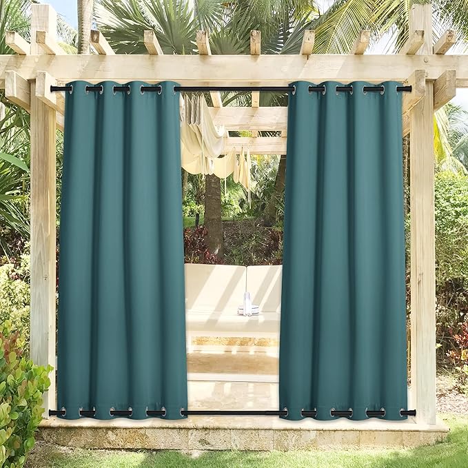NICETOWN 2 Panels Windproof Outdoor Curtains Top and Bottom Grommet for Patio Waterproof, Fixed Outdoor Blinds Keep Warm & Privacy Thermal Insulated Blackout Drapes for Cabana, W52 x L84, Teal