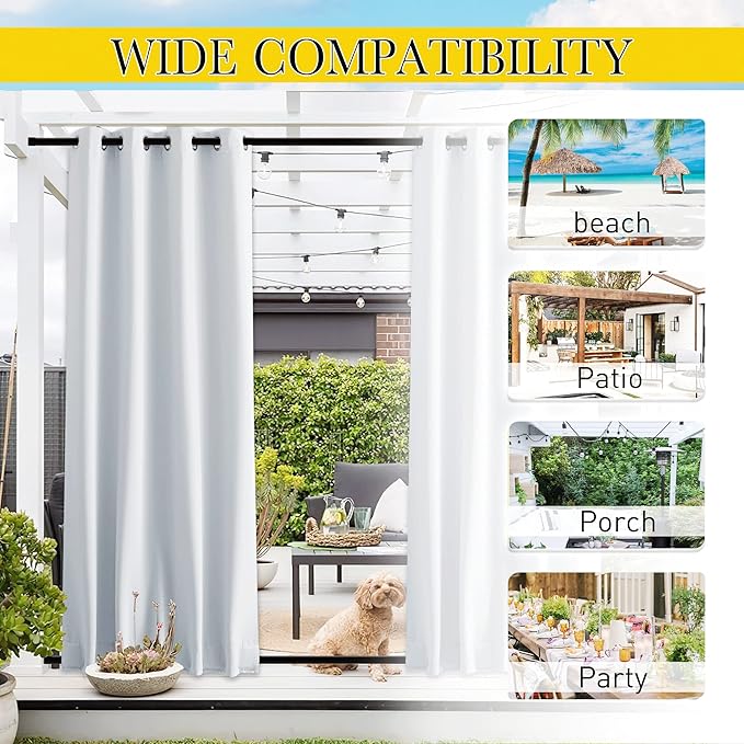 NICETOWN 2 Panels Fixed Outdoor Curtains Waterproof for Patio, Thermal Insulated Top & Bottom Grommet & Back Tab Light Blocking Outdoor Drapes Windproof with Bouns Rope, W46 x L90, Greyish White