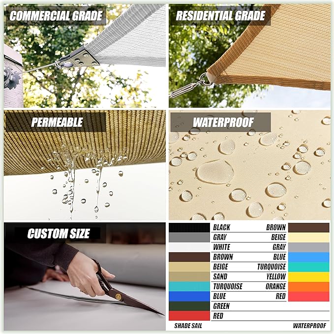 ColourTree 10' x 10' x 10' Beige Sun Shade Sail Triangle CTSLT10 - Canopy Fabric Mesh UV Block UPF50 & Commercial Heavy Duty & 190 GSM - 3 Years Warranty