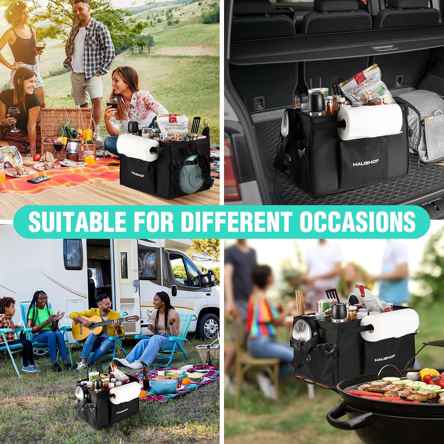 HAUSHOF Large Grill and Picnic Caddy with Paper Towel Holder | Condiment Pocket, Foldable BBQ Organizer Easy Carry Griddle Caddy for Camping, RV, Outdoor Waterproof Oxford Cloth (Black)