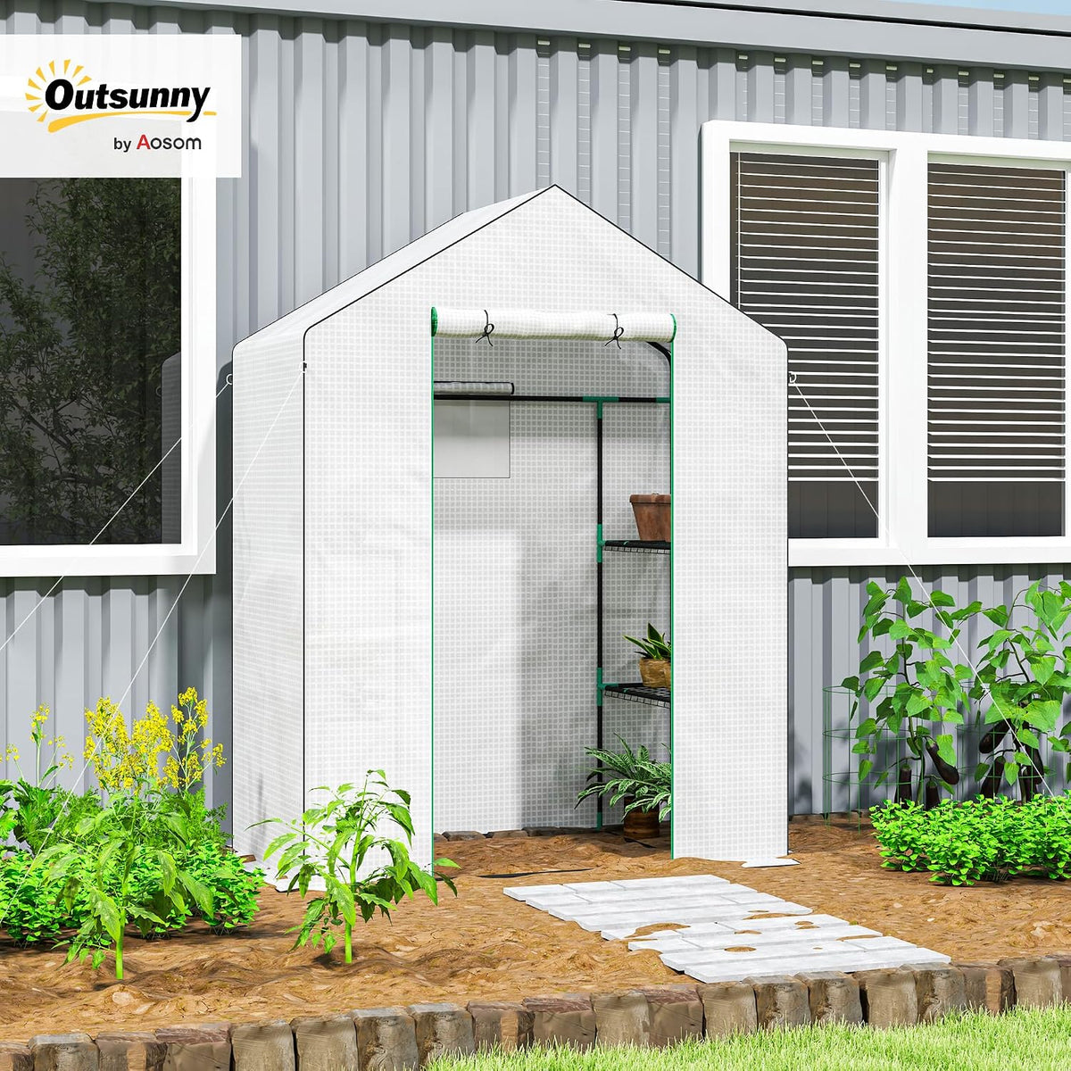 outsunny walk-in greenhouse with 3 tier 4 shelves shown in use