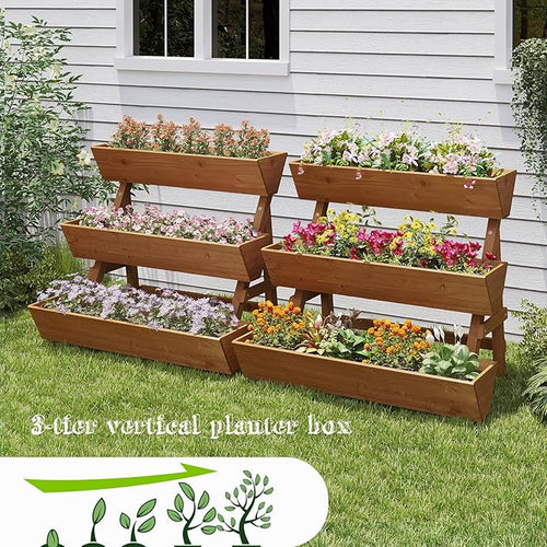 3-Tiers Wooden Raised Garden Bed Tiered Planter Box Flower Pots Vertical Garden Planter Wood Plant Stand for Vegetables Flowers Herbs for Patio, Balcony, Freestanding (Brown L)