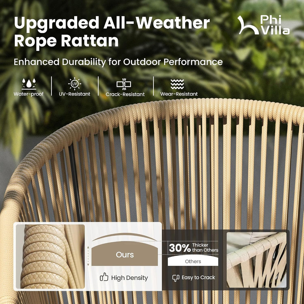 PHI VILLA Wicker Patio Dining Chairs Set of 4 Rope Rattan Chairs | Outdoor Modern Brown Rope Rattan Chairs with Metal Legs & Cushions, Outside Dining Chairs for Deck, Porch, Backyard
