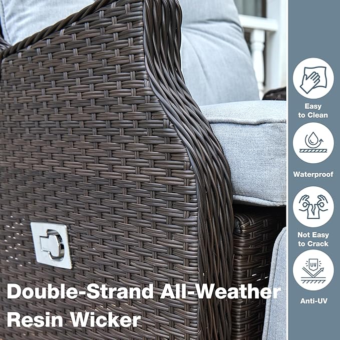 Outdoor Indoor Wicker Recliner with Adjustable Back and Footrest, Patio Reclining Chair with Flip-up Table, Outdoor Rattan Lounge Chair, Light Grey 2PCS