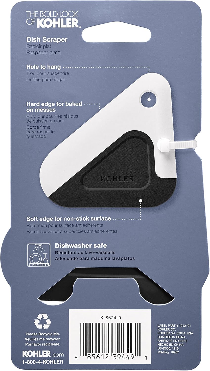Kohler K-8624-0 Kitchen Pot and Pan Dish Scraper, Silicone and Nylon, Heat Resistant, One Size, White and Charcoal