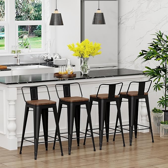 Yongchuang 26" Metal Bar Stools Set of 4 Counter Height Barstools with Wood Top Low Back Matte Black