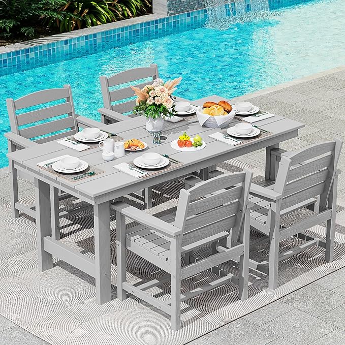 SERWALL Patio Dining Table Sets 5-Piece, Outdoor HDPE Dining Furniture Set with Umbrella Hole Cut-Out Table and 4 Chairs, All Weather Dining Set for Lawn, Garden, Backyard, Poolside, Light Gray