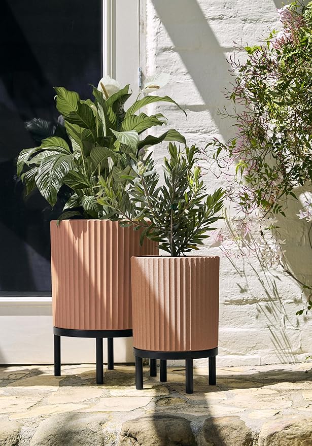 Veradek Demi Series Round Planter w/Stand for Porch/Patio | Durable Plastic-Stone Composite & Wooden Stand | Modern Décor for Tall Plants, Flowers