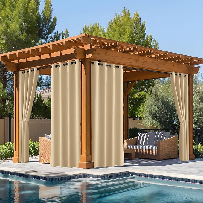 NICETOWN Fade Resistant Outdoor Curtains for Patio Waterproof, Lightfastness Grade 4 Longlasting Outside Drapes for Porch, Gazebo, Sun Blocking Blackout Shades 2 Panels, Biscotti Beige, W52 x L84 in