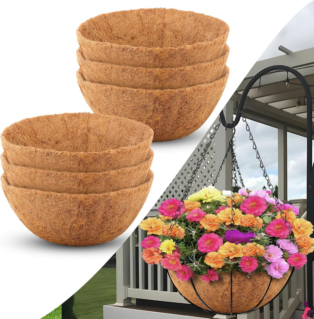 Sinimaka Coco Liners for Planters 14 Inch, 6 Pack Round Hanging Basket Liners, Coconut Fiber Liners for Planters Flowers Garden