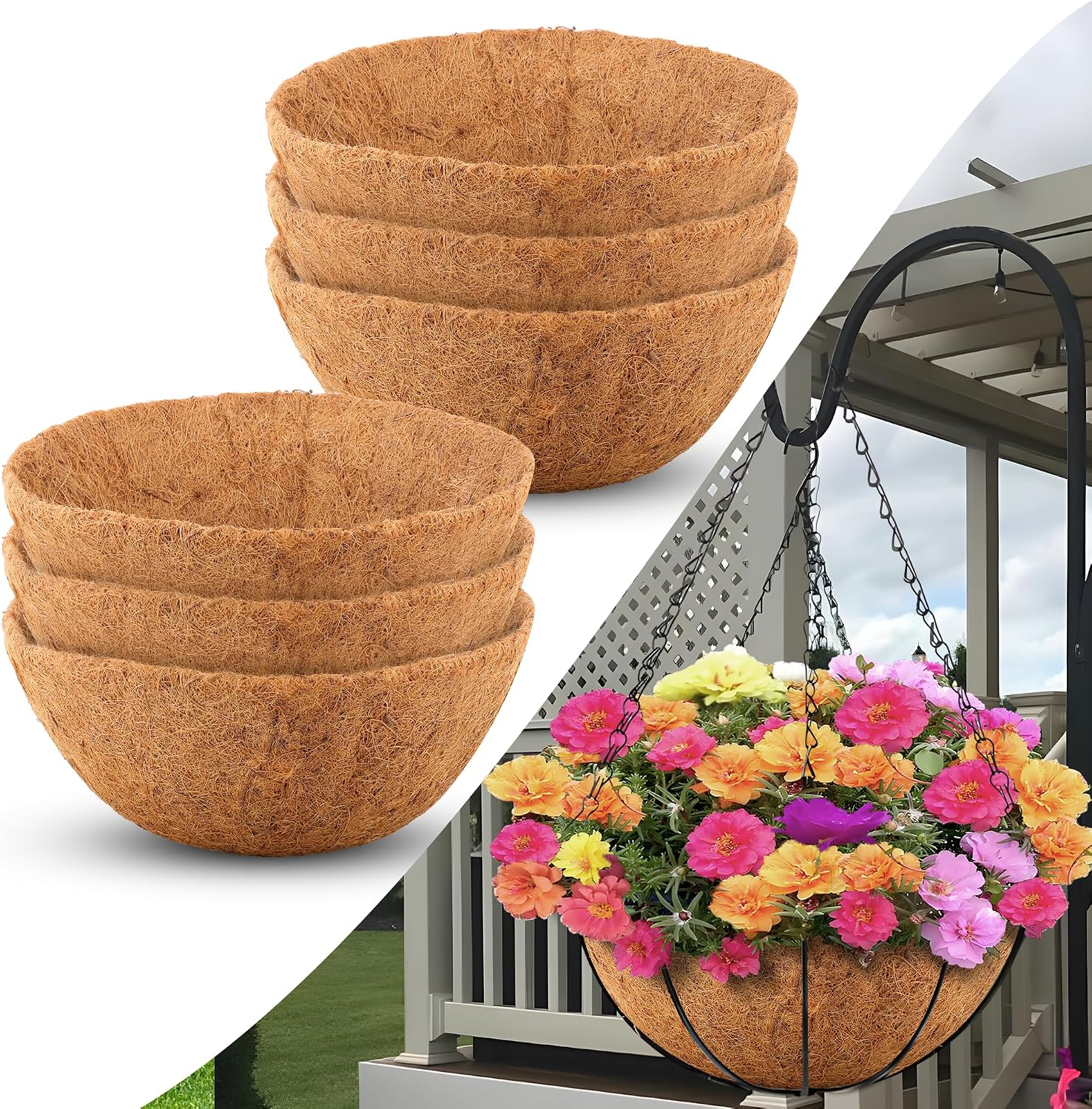 Sinimaka Coco Liners for Planters 14 Inch, 6 Pack Round Hanging Basket Liners, Coconut Fiber Liners for Planters Flowers Garden