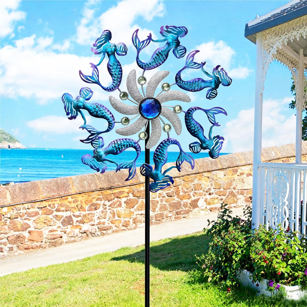 COOZZYHOUR 39" Mermaid Wind Spinners Metal Windmill Garden Stake,Ocean Theme Outdoor Wind Spinner,Wind Sculptures Yard Art Decorations for Patio,Lawn & Garden