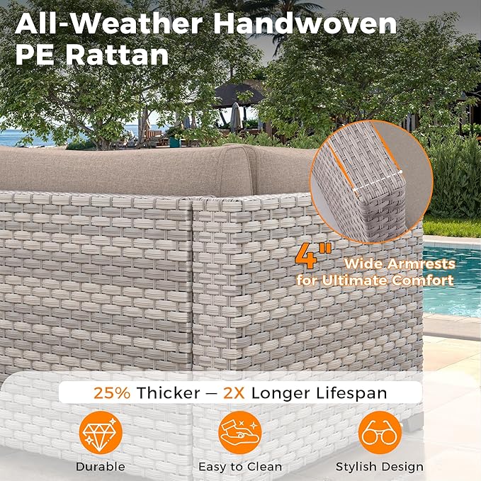 6-Seat Modular Patio Furniture Set – Outdoor Wicker Sectional Sofa with Thick 4″ Cushions, Dual-Strand PE Rattan, Rust-Resistant 18 mm Steel Frame, Backyard Garden Deck Lounge,Beige