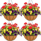 14 inch Metal Hanging Baskets For Plants Outdoor 4 Pack Round Metal Wire Hanging Basket Planter with Coco Fiber Liners Chain Round Wire Plant Holder for Garden, Patio, Deck, Porch Plants Flower Potss